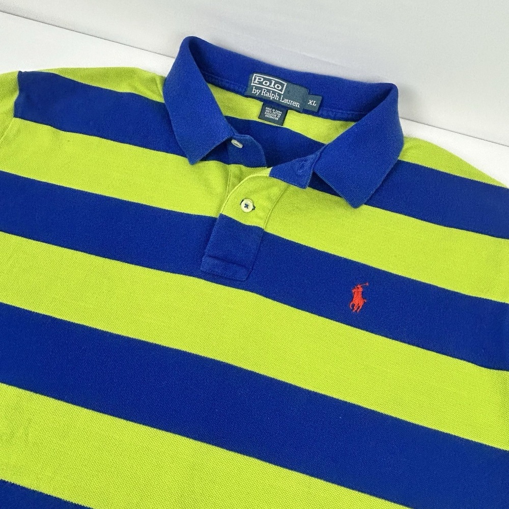 Polo Ralph Lauren Men's XL Neon Blue Green Striped Knit Shirt Orange Pony